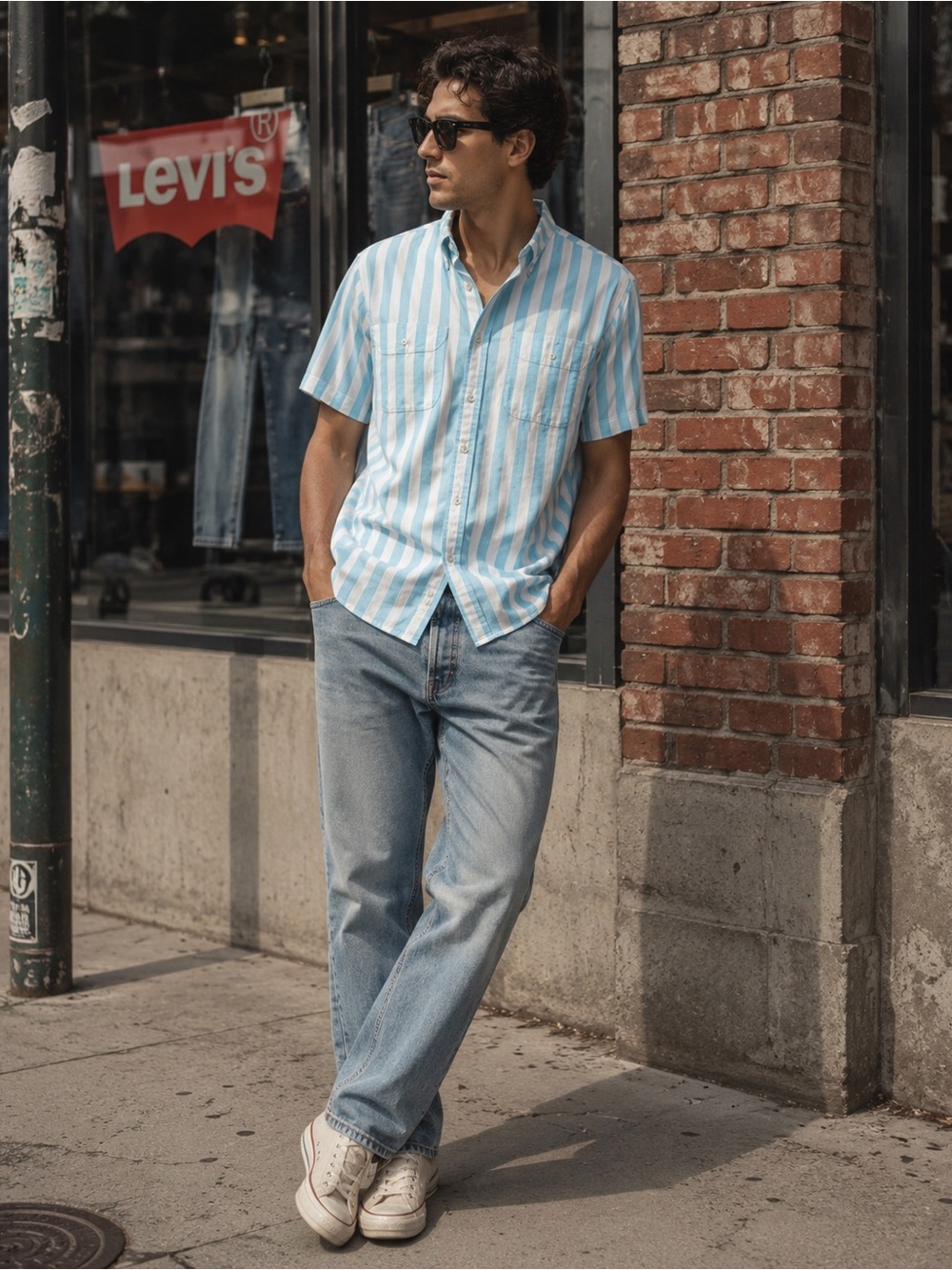 LEVIS New Blue White Striped Skateboarding Woven Shirt Two Horse Patch LARGE Men
